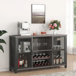 VEVOR 47 Inch Industrial Bar Cabinet, Wine Table for Liquor & Glasses, Sideboard Buffet Cabinet with Wine Rack, Freestanding Farmhouse Wood Coffee Bar Cabinet for Living Room, Home Bar, Kitchen