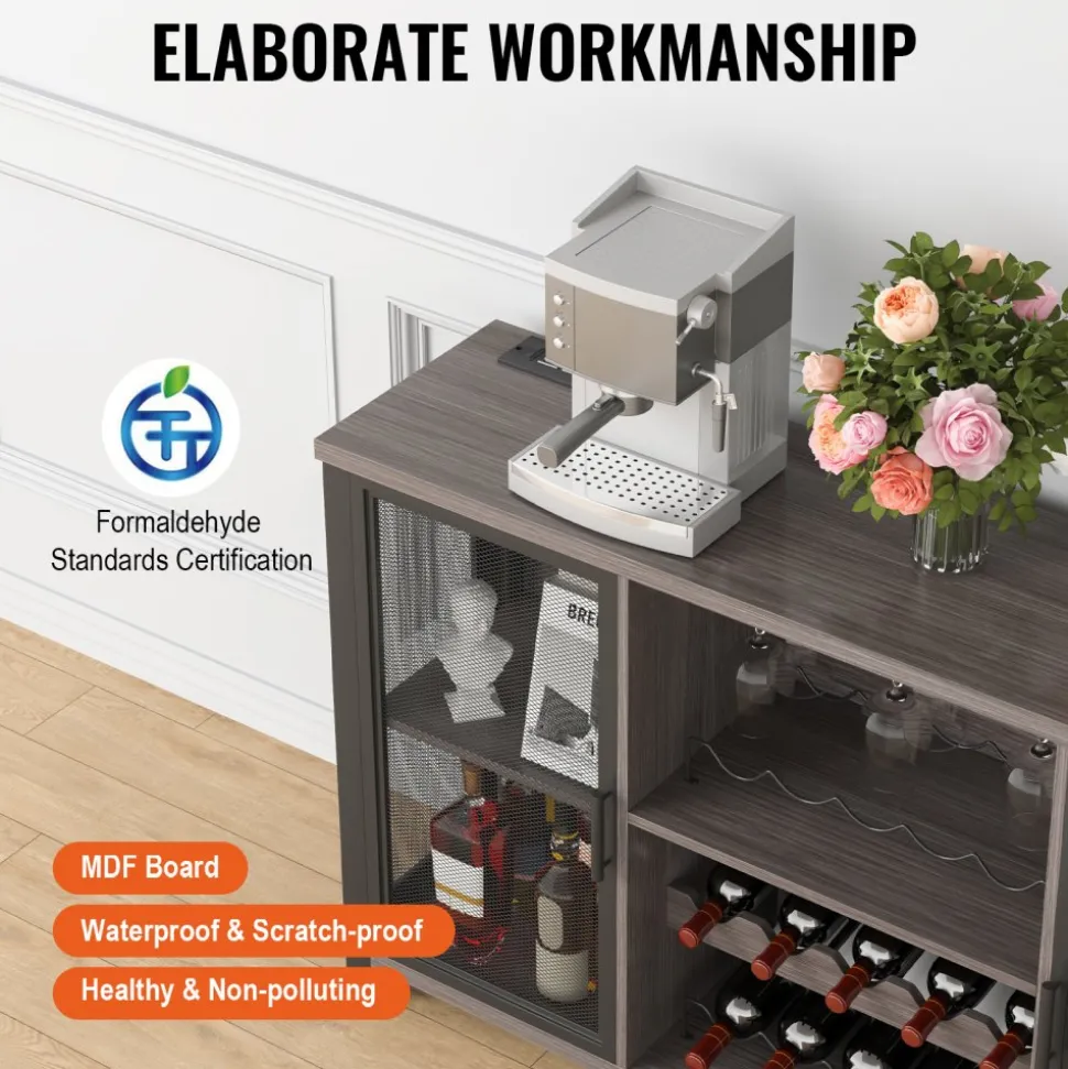 VEVOR 47 Inch Industrial Bar Cabinet, Wine Table for Liquor & Glasses, Sideboard Buffet Cabinet with Wine Rack, Freestanding Farmhouse Wood Coffee Bar Cabinet for Living Room, Home Bar, Kitchen