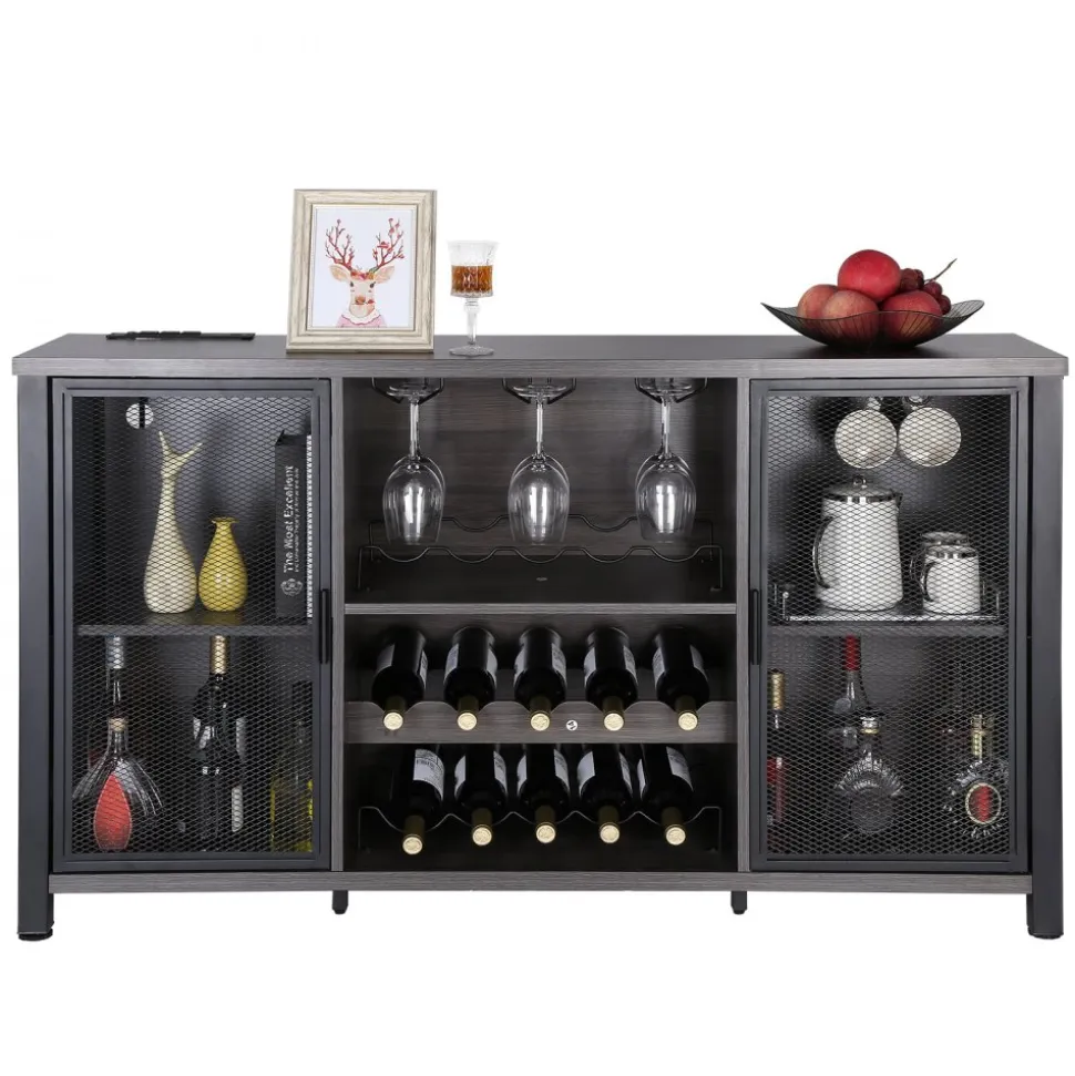 VEVOR 47 Inch Industrial Bar Cabinet, Wine Table for Liquor & Glasses, Sideboard Buffet Cabinet with Wine Rack, Freestanding Farmhouse Wood Coffee Bar Cabinet for Living Room, Home Bar, Kitchen