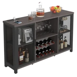 VEVOR 47 Inch Industrial Bar Cabinet, Wine Table for Liquor & Glasses, Sideboard Buffet Cabinet with Wine Rack, Freestanding Farmhouse Wood Coffee Bar Cabinet for Living Room, Home Bar, Kitchen