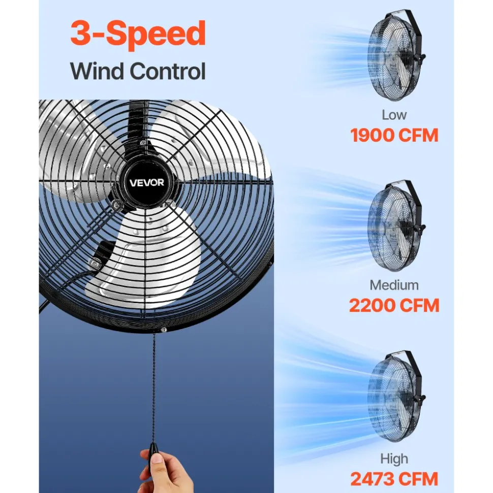 VEVOR 14 Inch Industrial Wall Mount Fan, High Velocity 2473 CFM Outdoor Fan with 3 Speeds, Waterproof IP44 Garage Wall Fan with Aluminum Blades for Workshop, Warehouse, Greenhouse