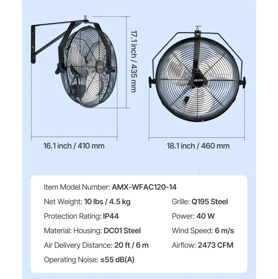 VEVOR 14 Inch Industrial Wall Mount Fan, High Velocity 2473 CFM Outdoor Fan with 3 Speeds, Waterproof IP44 Garage Wall Fan with Aluminum Blades for Workshop, Warehouse, Greenhouse