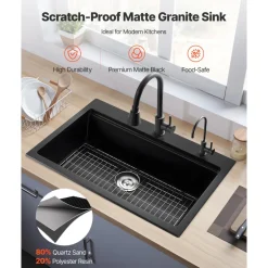 VEVOR 33 inch Kitchen Sink Workstation, Top Mount Granite Sinks, Drop-In Single Bowl Farmhouse Basin with Multiple Accessories, Household Dishwasher Sink for RV, Prep Kitchen, and Bar (Black)
