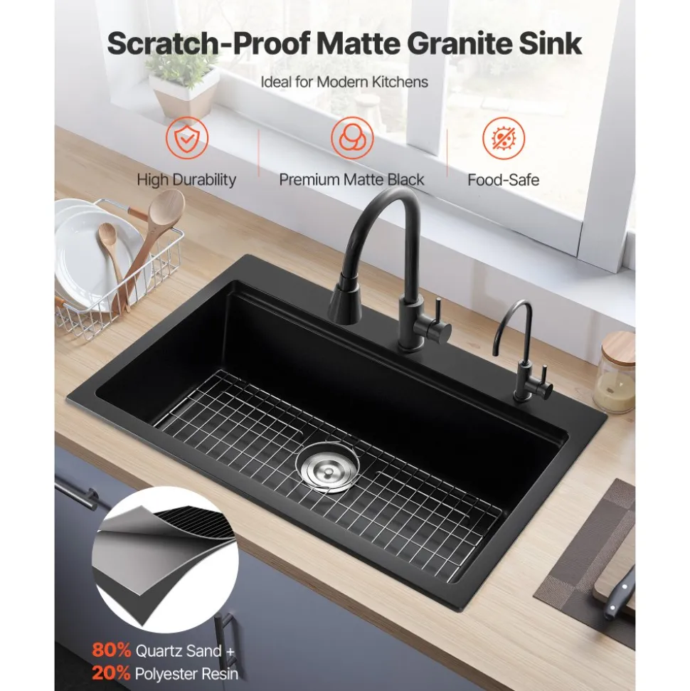VEVOR 33 inch Kitchen Sink Workstation, Top Mount Granite Sinks, Drop-In Single Bowl Farmhouse Basin with Multiple Accessories, Household Dishwasher Sink for RV, Prep Kitchen, and Bar (Black)