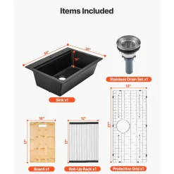 VEVOR 33 inch Kitchen Sink Workstation, Top Mount Granite Sinks, Drop-In Single Bowl Farmhouse Basin with Multiple Accessories, Household Dishwasher Sink for RV, Prep Kitchen, and Bar (Black)