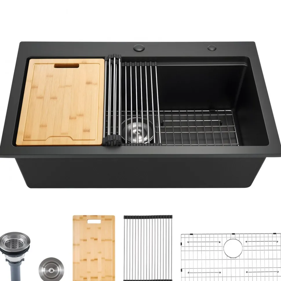 VEVOR 33 inch Kitchen Sink Workstation, Top Mount Granite Sinks, Drop-In Single Bowl Farmhouse Basin with Multiple Accessories, Household Dishwasher Sink for RV, Prep Kitchen, and Bar (Black)