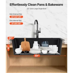 VEVOR 33 inch Kitchen Sink Workstation, Top Mount Granite Sinks, Drop-In Single Bowl Farmhouse Basin with Multiple Accessories, Household Dishwasher Sink for RV, Prep Kitchen, and Bar (Black)