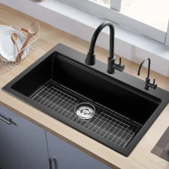 VEVOR 33 inch Kitchen Sink Workstation, Top Mount Granite Sinks, Drop-In Single Bowl Farmhouse Basin with Multiple Accessories, Household Dishwasher Sink for RV, Prep Kitchen, and Bar (Black)