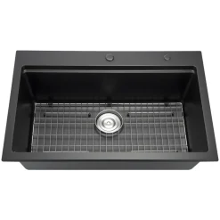 VEVOR 33 inch Kitchen Sink Workstation, Top Mount Granite Sinks, Drop-In Single Bowl Farmhouse Basin with Multiple Accessories, Household Dishwasher Sink for RV, Prep Kitchen, and Bar (Black)