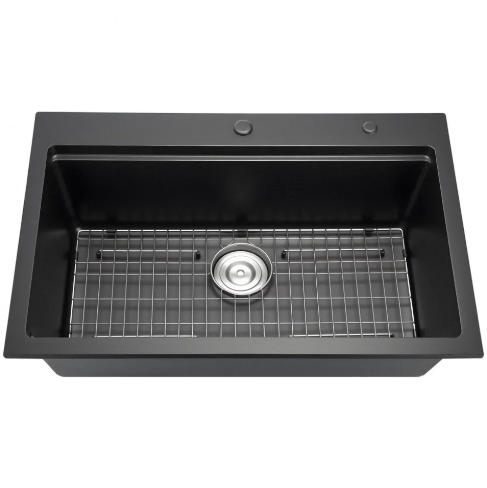 VEVOR 33 inch Kitchen Sink Workstation, Top Mount Granite Sinks, Drop-In Single Bowl Farmhouse Basin with Multiple Accessories, Household Dishwasher Sink for RV, Prep Kitchen, and Bar (Black)