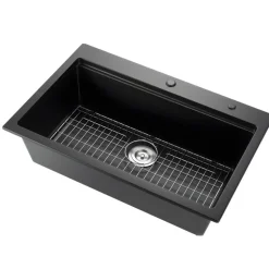 VEVOR 33 inch Kitchen Sink Workstation, Top Mount Granite Sinks, Drop-In Single Bowl Farmhouse Basin with Multiple Accessories, Household Dishwasher Sink for RV, Prep Kitchen, and Bar (Black)