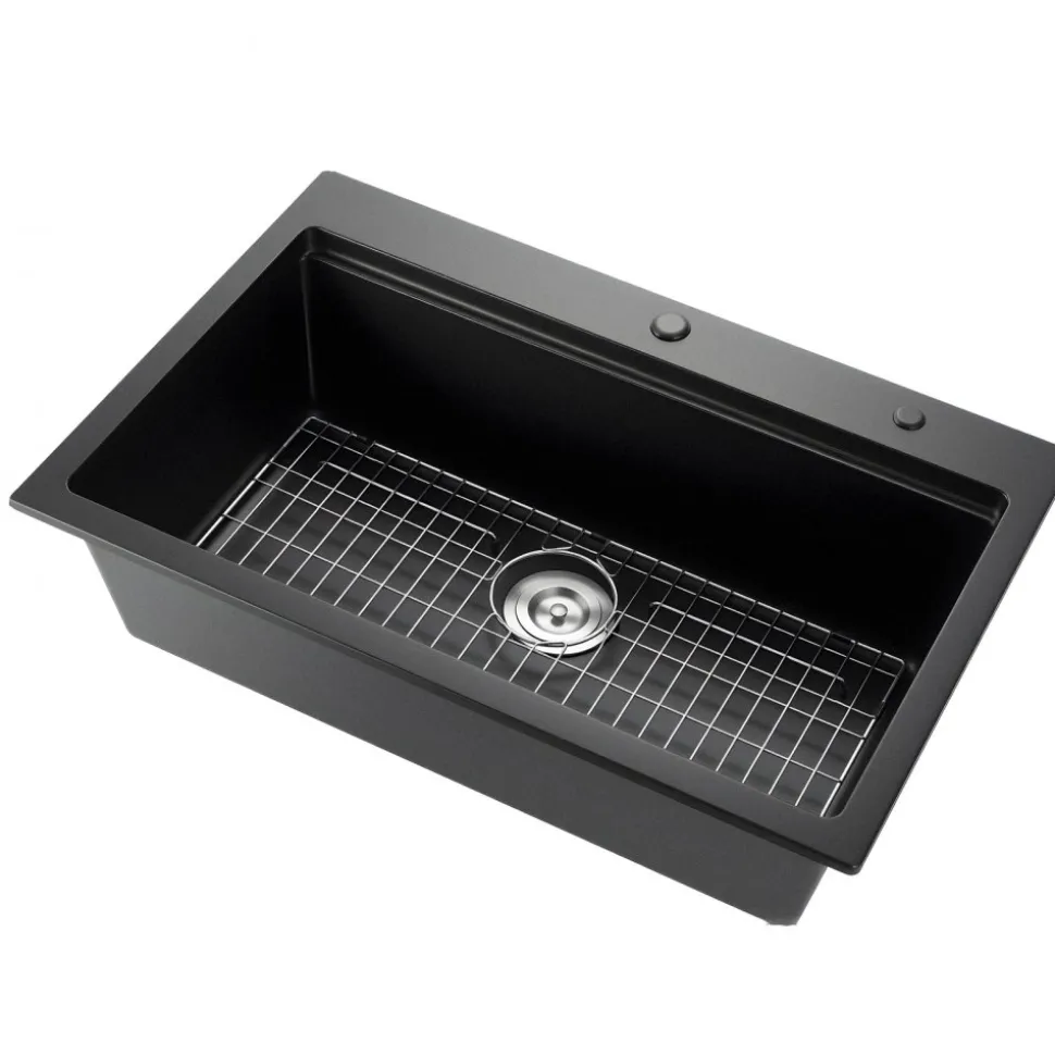 VEVOR 33 inch Kitchen Sink Workstation, Top Mount Granite Sinks, Drop-In Single Bowl Farmhouse Basin with Multiple Accessories, Household Dishwasher Sink for RV, Prep Kitchen, and Bar (Black)