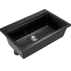 VEVOR 33 inch Kitchen Sink Workstation, Top Mount Granite Sinks, Drop-In Single Bowl Farmhouse Basin with Multiple Accessories, Household Dishwasher Sink for RV, Prep Kitchen, and Bar (Black)