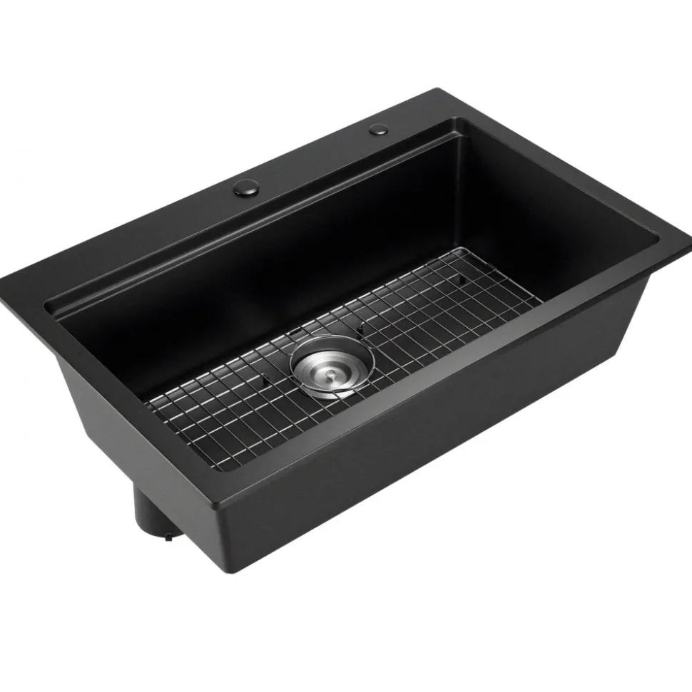 VEVOR 33 inch Kitchen Sink Workstation, Top Mount Granite Sinks, Drop-In Single Bowl Farmhouse Basin with Multiple Accessories, Household Dishwasher Sink for RV, Prep Kitchen, and Bar (Black)