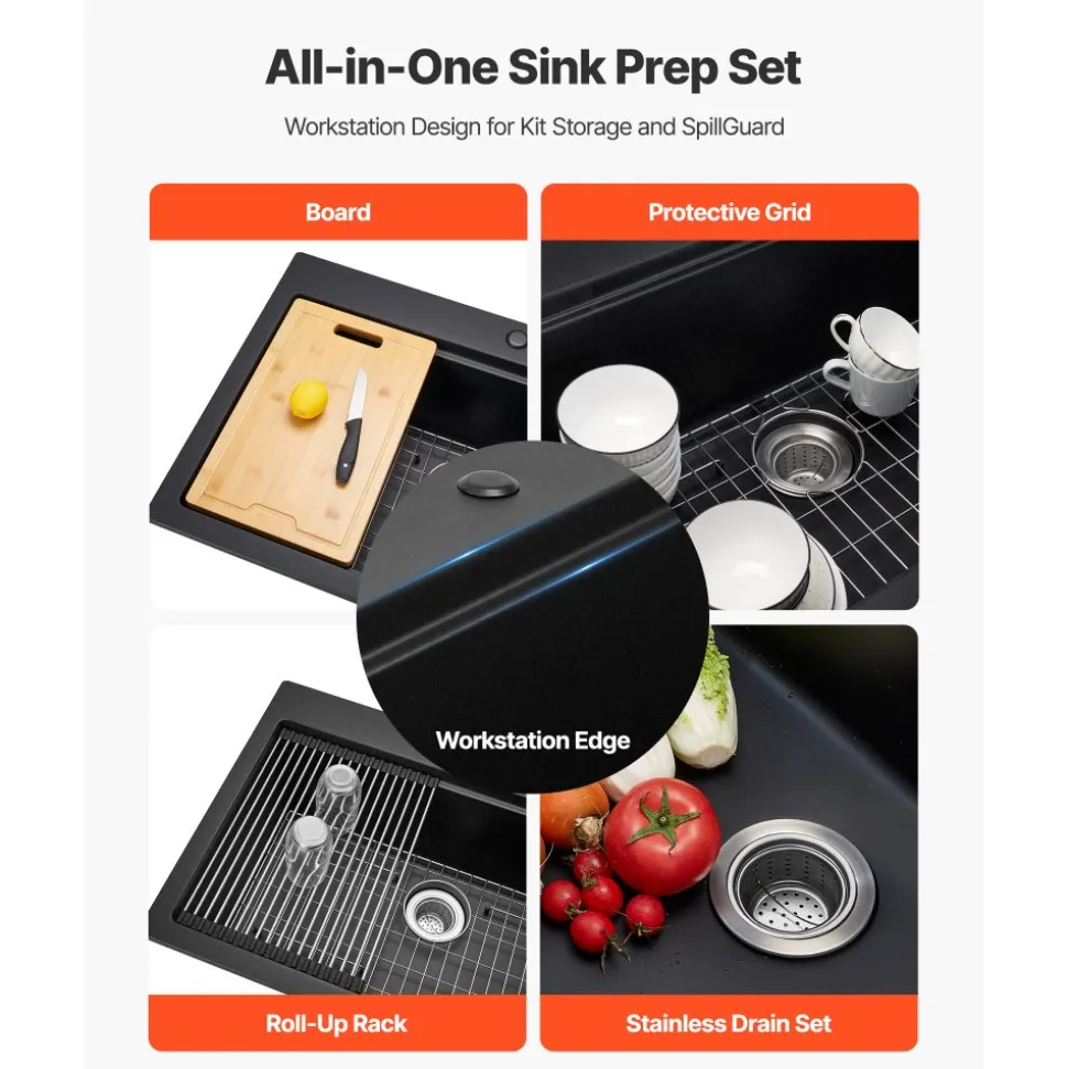 VEVOR 33 inch Kitchen Sink Workstation, Top Mount Granite Sinks, Drop-In Single Bowl Farmhouse Basin with Multiple Accessories, Household Dishwasher Sink for RV, Prep Kitchen, and Bar (Black)