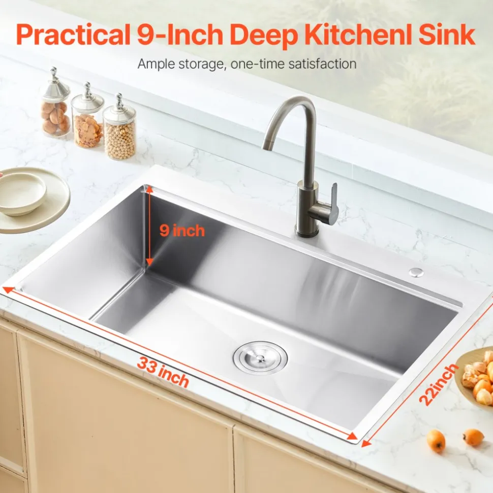 VEVOR 33 inch Kitchen Sink Workstation, 304 Stainless Steel Top Mount Sinks, Drop-In Single Bowl Farmhouse Basin with Ledge & Multiple Accessories, Household Dishwasher Sink for RV, Prep Kitchen, Bar
