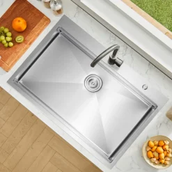 VEVOR 33 inch Kitchen Sink Workstation, 304 Stainless Steel Top Mount Sinks, Drop-In Single Bowl Farmhouse Basin with Ledge & Multiple Accessories, Household Dishwasher Sink for RV, Prep Kitchen, Bar