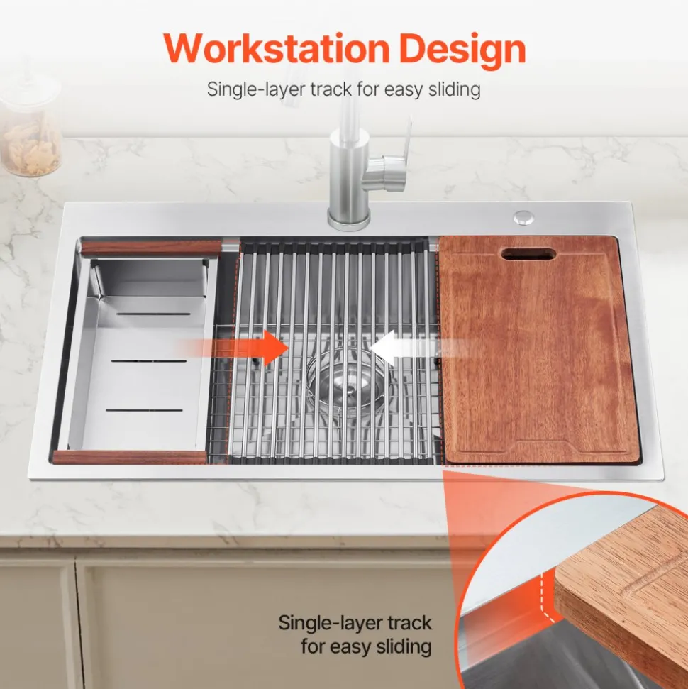 VEVOR 33 inch Kitchen Sink Workstation, 304 Stainless Steel Top Mount Sinks, Drop-In Single Bowl Farmhouse Basin with Ledge & Multiple Accessories, Household Dishwasher Sink for RV, Prep Kitchen, Bar