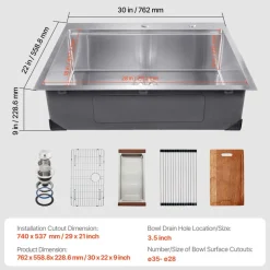 VEVOR 23 inch Kitchen Sink Workstation, 304 Stainless Steel Undermount Sink, Drop-In Single Bowl Farmhouse Basin with Ledge & Multiple Accessories, Household Dishwasher Sinks for RV, Prep Kitchen, Bar