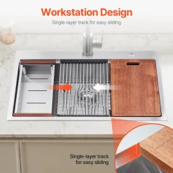 VEVOR 23 inch Kitchen Sink Workstation, 304 Stainless Steel Undermount Sink, Drop-In Single Bowl Farmhouse Basin with Ledge & Multiple Accessories, Household Dishwasher Sinks for RV, Prep Kitchen, Bar
