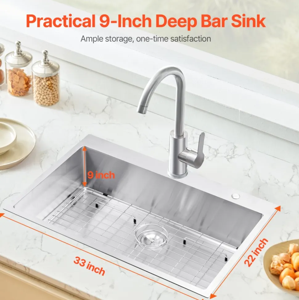 VEVOR 33 inch Kitchen Sink Workstation, 304 Stainless Steel Top Mount Sinks, Drop-In Single Bowl Farmhouse Basin with Accessories, Household Dishwasher Sinks for RV, Prep Kitchen, and Bar (Black)