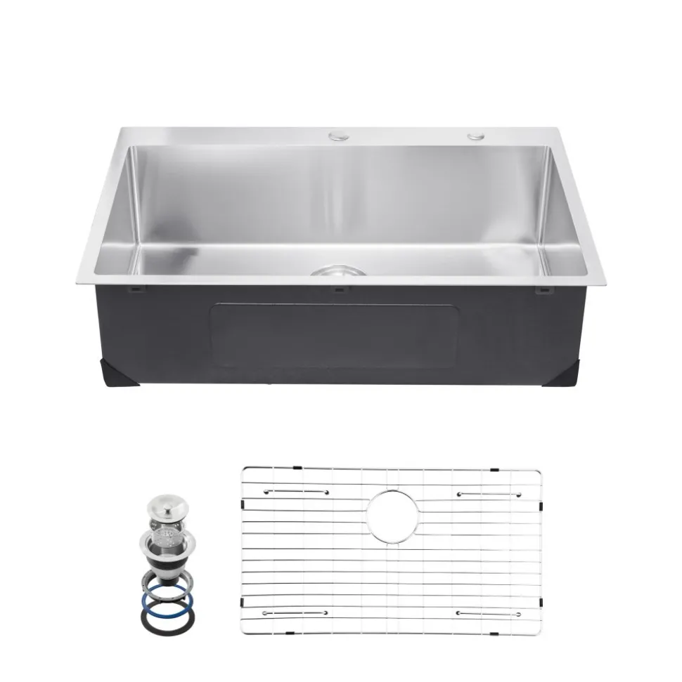 VEVOR 33 inch Kitchen Sink Workstation, 304 Stainless Steel Top Mount Sinks, Drop-In Single Bowl Farmhouse Basin with Accessories, Household Dishwasher Sinks for RV, Prep Kitchen, and Bar (Black)