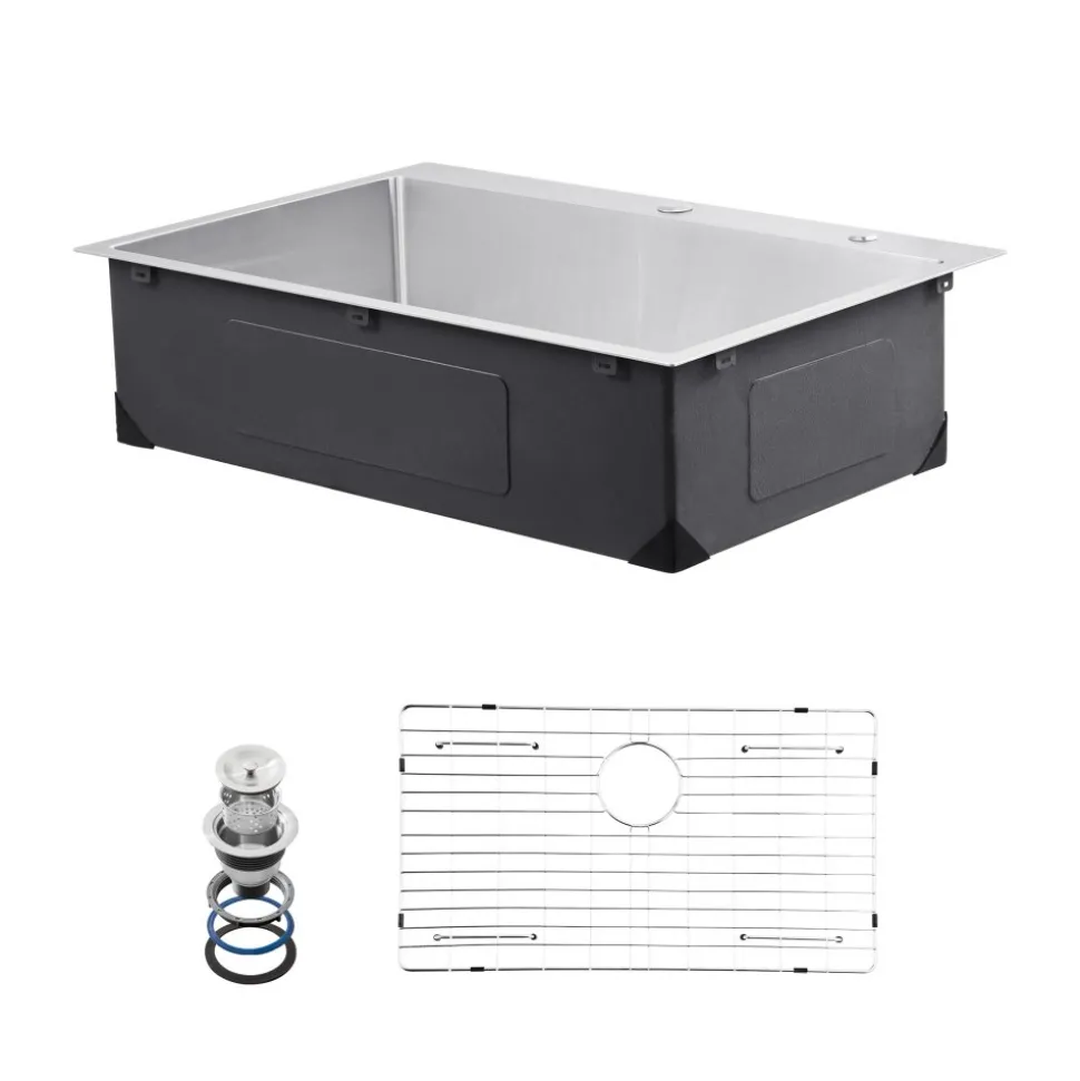 VEVOR 33 inch Kitchen Sink Workstation, 304 Stainless Steel Top Mount Sinks, Drop-In Single Bowl Farmhouse Basin with Accessories, Household Dishwasher Sinks for RV, Prep Kitchen, and Bar (Black)