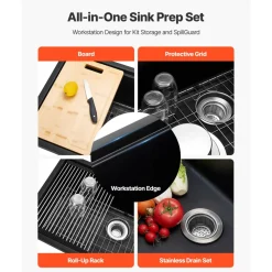 VEVOR 33 inch Kitchen Sink Workstation, Undermount Granite Sink, Drop-In Single Bowl Farmhouse Basin with Multiple Accessories, Household Dishwasher Sinks for RV, Prep Kitchen, and Bar (Black)