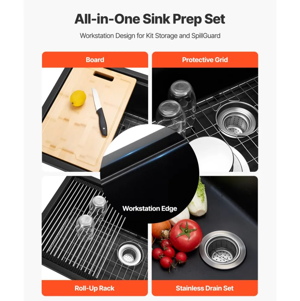 VEVOR 33 inch Kitchen Sink Workstation, Undermount Granite Sink, Drop-In Single Bowl Farmhouse Basin with Multiple Accessories, Household Dishwasher Sinks for RV, Prep Kitchen, and Bar (Black)
