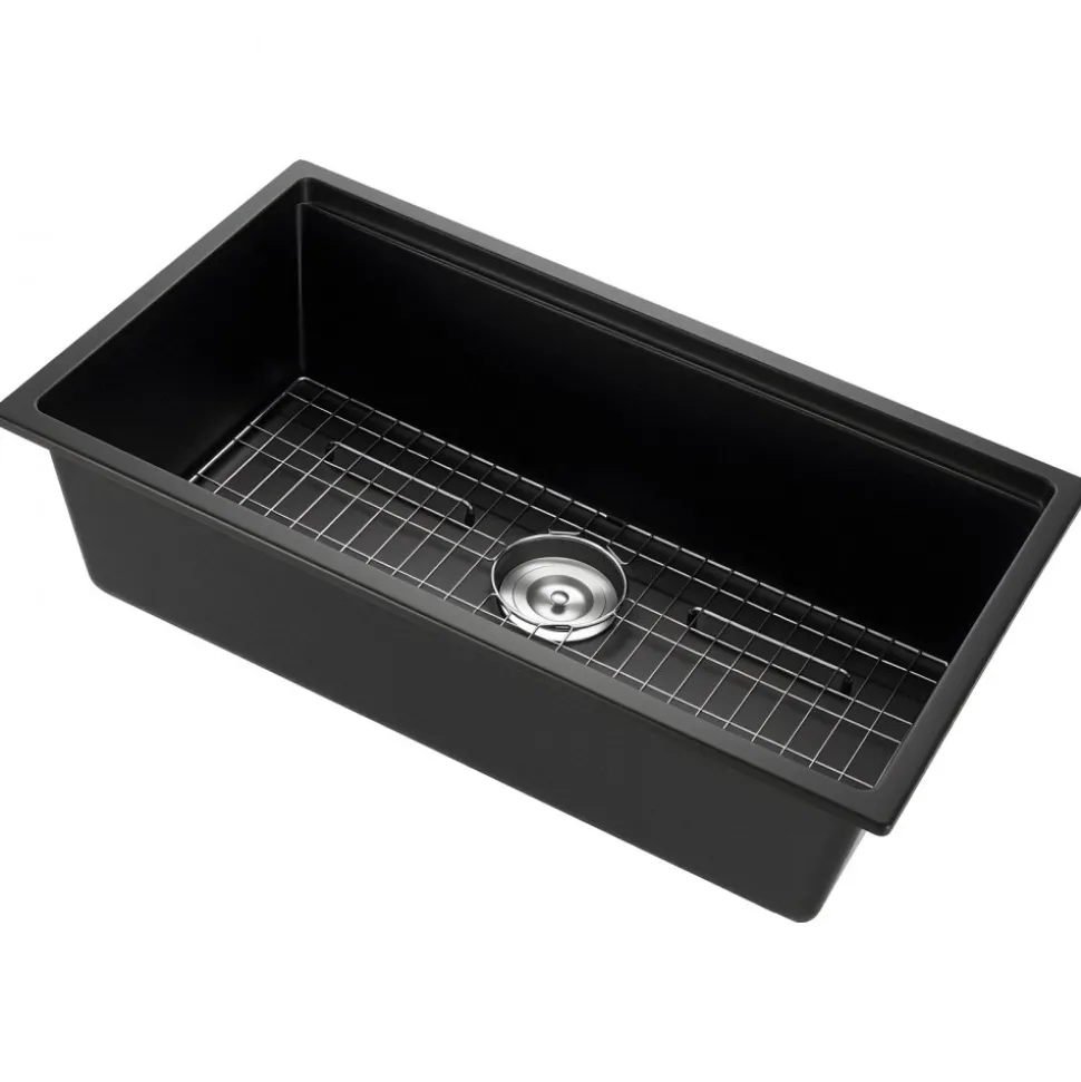 VEVOR 33 inch Kitchen Sink Workstation, Undermount Granite Sink, Drop-In Single Bowl Farmhouse Basin with Multiple Accessories, Household Dishwasher Sinks for RV, Prep Kitchen, and Bar (Black)