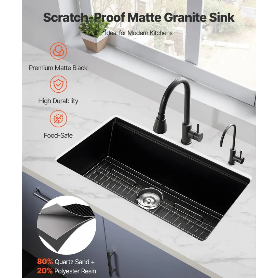 VEVOR 33 inch Kitchen Sink Workstation, Undermount Granite Sink, Drop-In Single Bowl Farmhouse Basin with Multiple Accessories, Household Dishwasher Sinks for RV, Prep Kitchen, and Bar (Black)