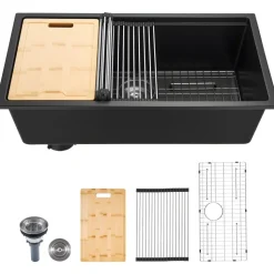 VEVOR 33 inch Kitchen Sink Workstation, Undermount Granite Sink, Drop-In Single Bowl Farmhouse Basin with Multiple Accessories, Household Dishwasher Sinks for RV, Prep Kitchen, and Bar (Black)