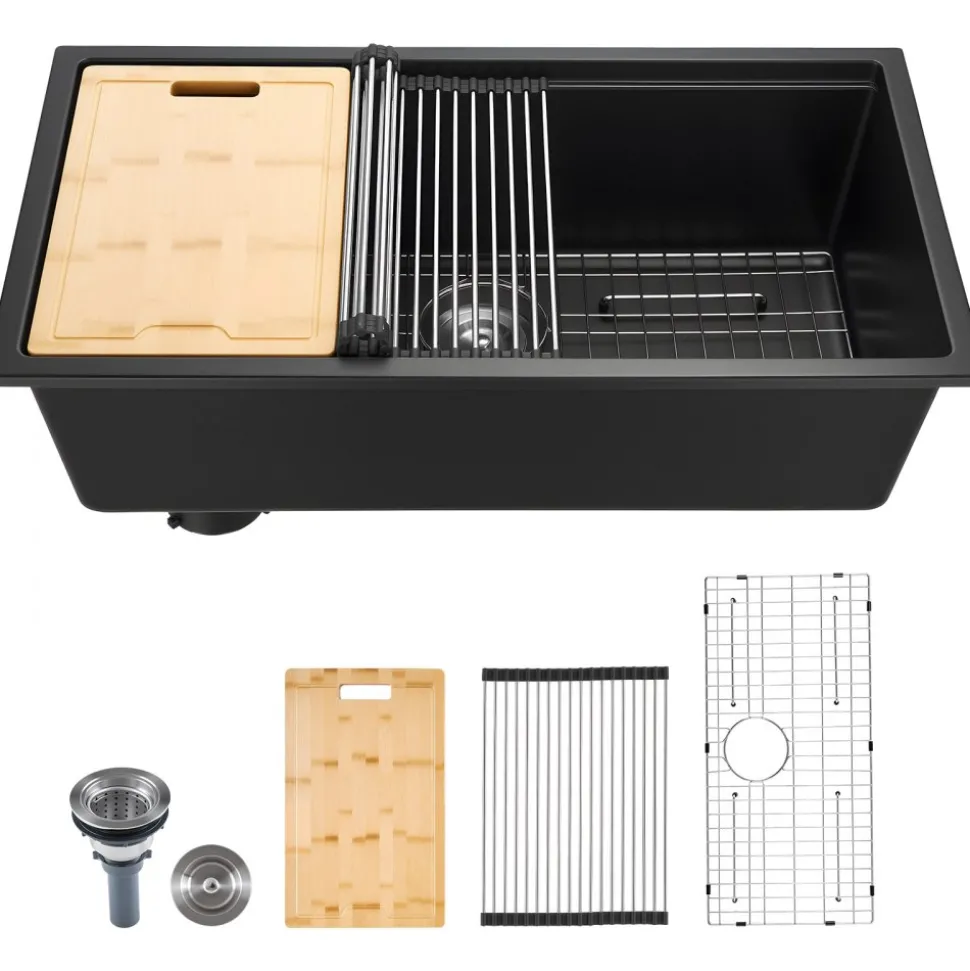 VEVOR 33 inch Kitchen Sink Workstation, Undermount Granite Sink, Drop-In Single Bowl Farmhouse Basin with Multiple Accessories, Household Dishwasher Sinks for RV, Prep Kitchen, and Bar (Black)