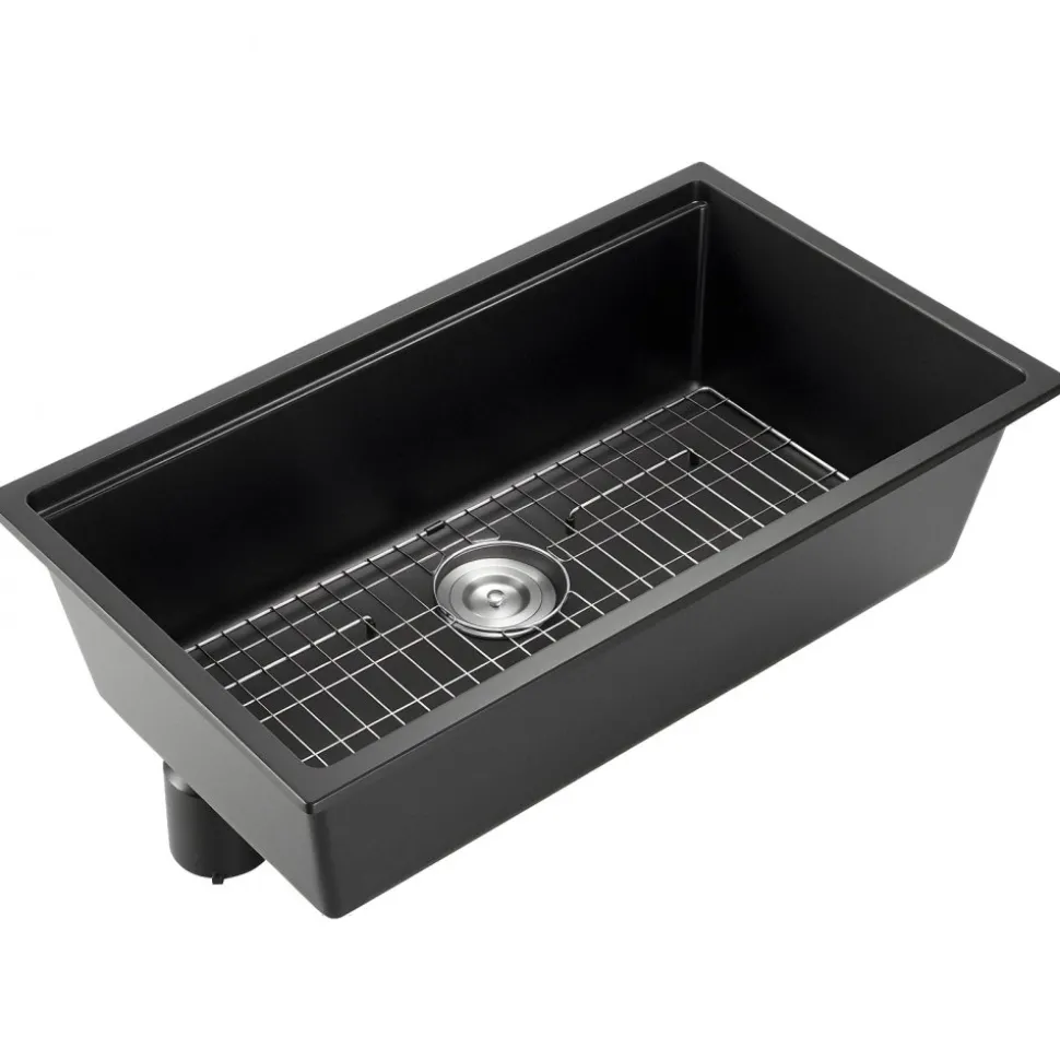 VEVOR 33 inch Kitchen Sink Workstation, Undermount Granite Sink, Drop-In Single Bowl Farmhouse Basin with Multiple Accessories, Household Dishwasher Sinks for RV, Prep Kitchen, and Bar (Black)