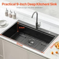 VEVOR 33 inch Kitchen Sink Workstation, 304 Stainless Steel Top Mount Sinks, Drop-In Single Bowl Farmhouse Basin with Ledge & Multiple Accessories, Household Dishwasher Sink for RV, Bar (Black)