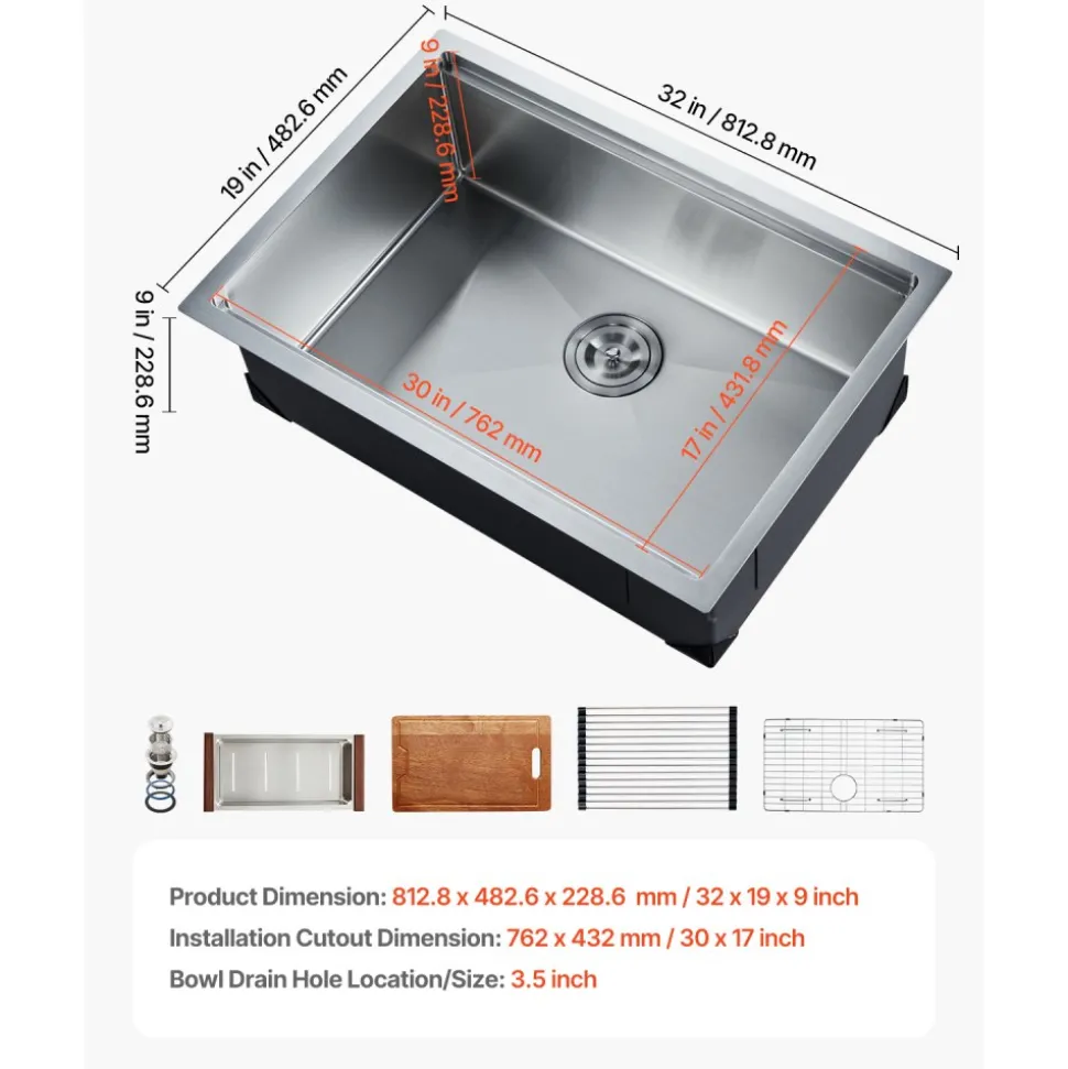 VEVOR 32 inch Kitchen Sink Workstation, 304 Stainless Steel Undermount Sink, Drop-In Single Bowl Farmhouse Basin with Ledge & Multiple Accessories, Household Dishwasher Sinks for RV, Prep Kitchen, Bar