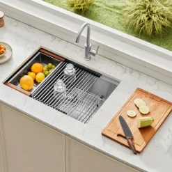 VEVOR 32 inch Kitchen Sink Workstation, 304 Stainless Steel Undermount Sink, Drop-In Single Bowl Farmhouse Basin with Ledge & Multiple Accessories, Household Dishwasher Sinks for RV, Prep Kitchen, Bar
