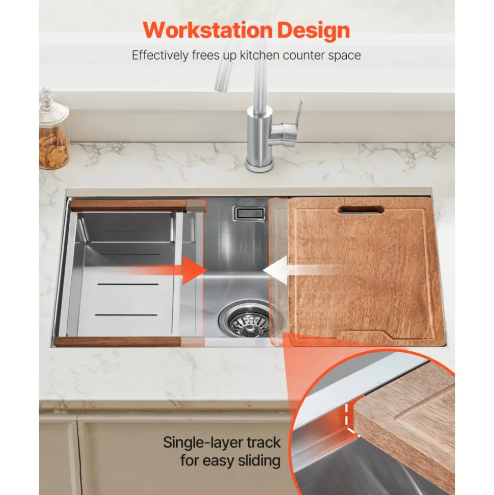 VEVOR 32 inch Kitchen Sink Workstation, 304 Stainless Steel Undermount Sink, Drop-In Single Bowl Farmhouse Basin with Ledge & Multiple Accessories, Household Dishwasher Sinks for RV, Prep Kitchen, Bar