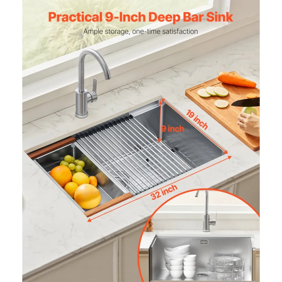 VEVOR 32 inch Kitchen Sink Workstation, 304 Stainless Steel Undermount Sink, Drop-In Single Bowl Farmhouse Basin with Ledge & Multiple Accessories, Household Dishwasher Sinks for RV, Prep Kitchen, Bar