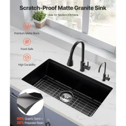 VEVOR 30 inch Kitchen Sink Workstation, Undermount Granite Sink, Drop-In Single Bowl Farmhouse Basin with Multiple Accessories, Household Dishwasher Sinks for RV, Prep Kitchen, and Bar (Black)