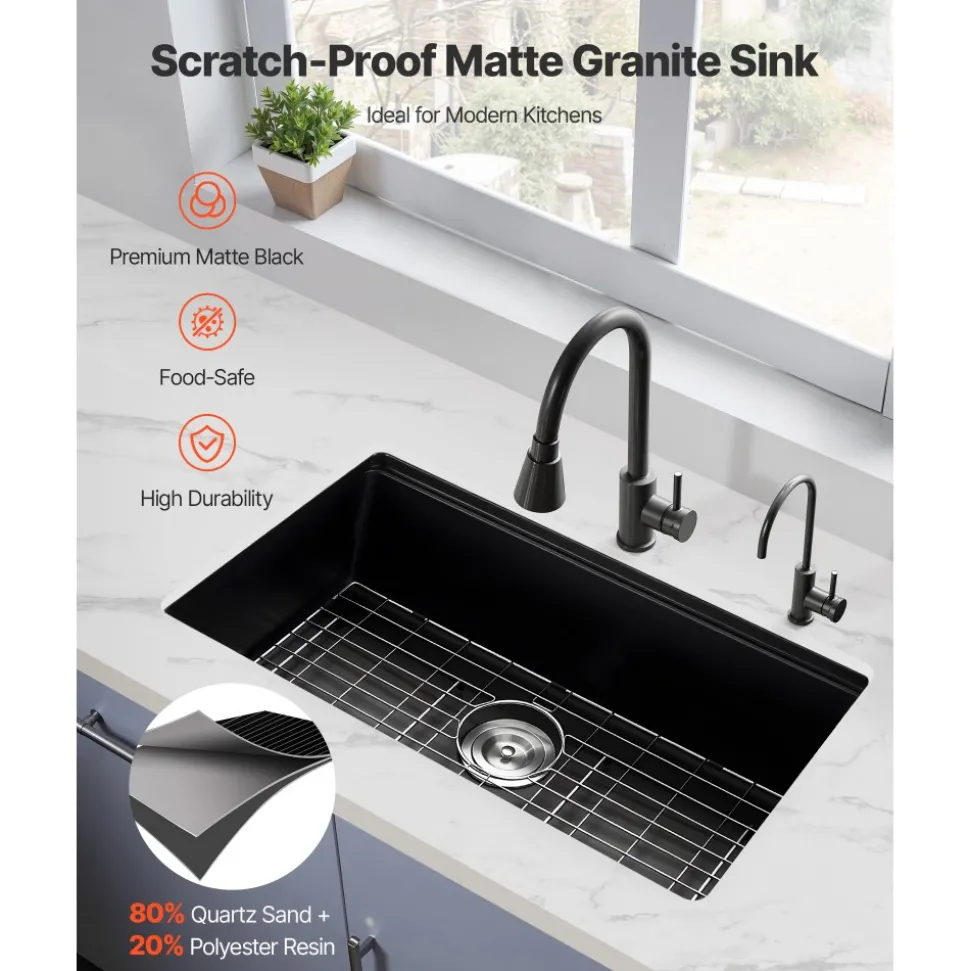 VEVOR 30 inch Kitchen Sink Workstation, Undermount Granite Sink, Drop-In Single Bowl Farmhouse Basin with Multiple Accessories, Household Dishwasher Sinks for RV, Prep Kitchen, and Bar (Black)