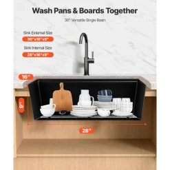 VEVOR 30 inch Kitchen Sink Workstation, Undermount Granite Sink, Drop-In Single Bowl Farmhouse Basin with Multiple Accessories, Household Dishwasher Sinks for RV, Prep Kitchen, and Bar (Black)