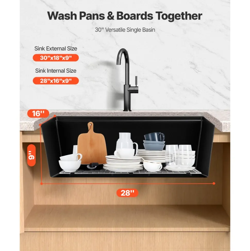 VEVOR 30 inch Kitchen Sink Workstation, Undermount Granite Sink, Drop-In Single Bowl Farmhouse Basin with Multiple Accessories, Household Dishwasher Sinks for RV, Prep Kitchen, and Bar (Black)