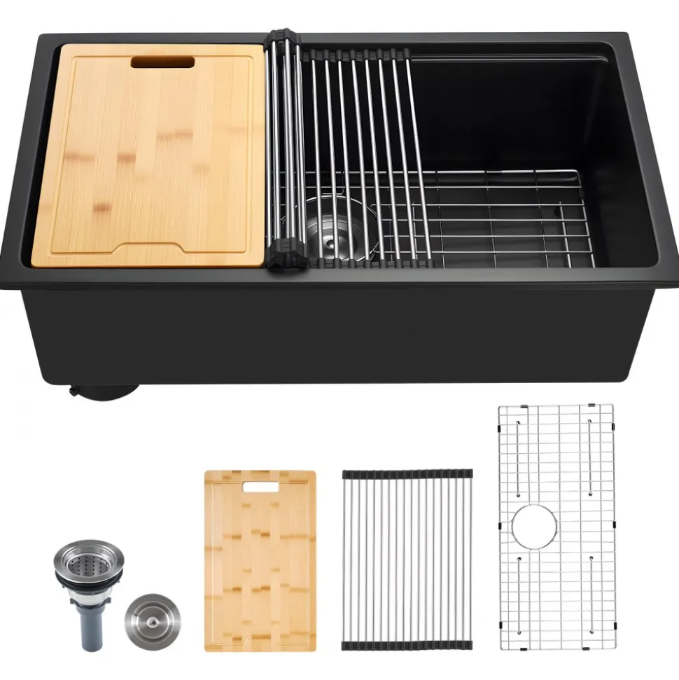 VEVOR 30 inch Kitchen Sink Workstation, Undermount Granite Sink, Drop-In Single Bowl Farmhouse Basin with Multiple Accessories, Household Dishwasher Sinks for RV, Prep Kitchen, and Bar (Black)