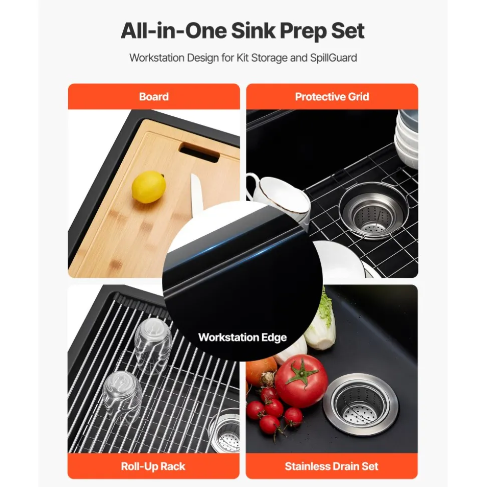 VEVOR 30 inch Kitchen Sink Workstation, Undermount Granite Sink, Drop-In Single Bowl Farmhouse Basin with Multiple Accessories, Household Dishwasher Sinks for RV, Prep Kitchen, and Bar (Black)