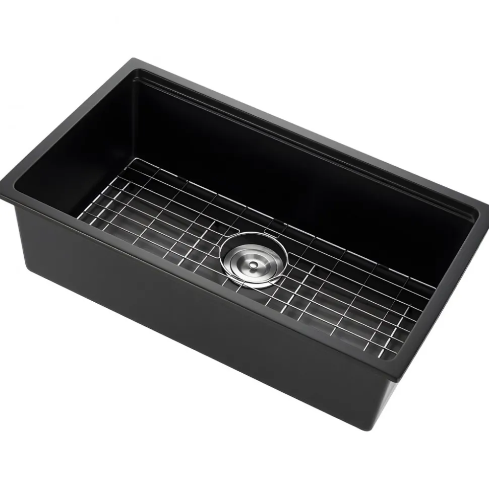 VEVOR 30 inch Kitchen Sink Workstation, Undermount Granite Sink, Drop-In Single Bowl Farmhouse Basin with Multiple Accessories, Household Dishwasher Sinks for RV, Prep Kitchen, and Bar (Black)