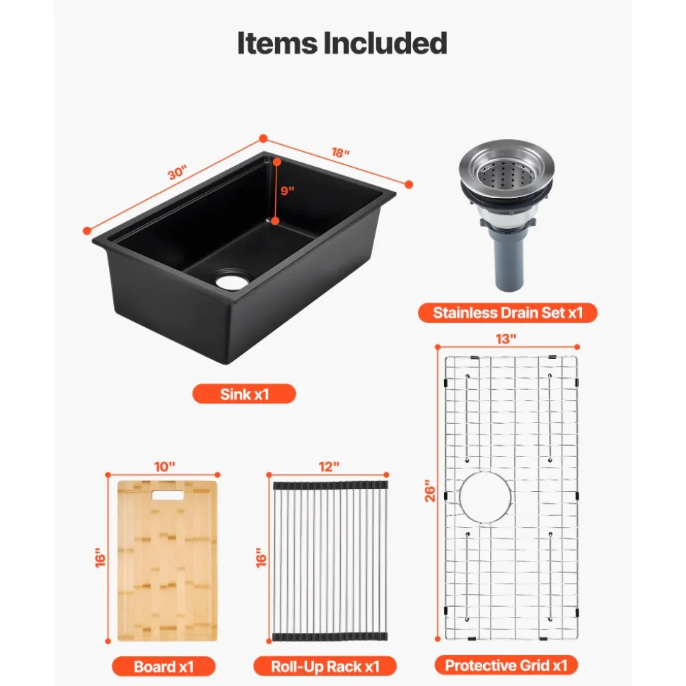 VEVOR 30 inch Kitchen Sink Workstation, Undermount Granite Sink, Drop-In Single Bowl Farmhouse Basin with Multiple Accessories, Household Dishwasher Sinks for RV, Prep Kitchen, and Bar (Black)