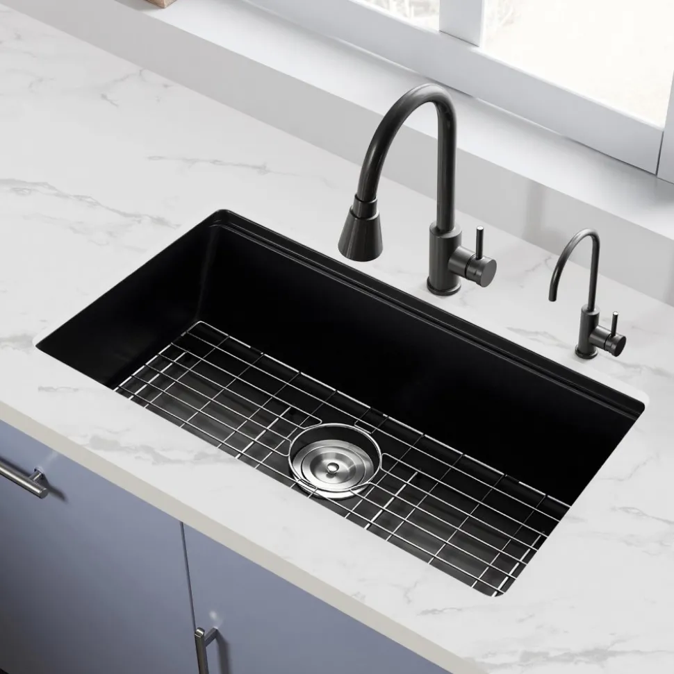 VEVOR 30 inch Kitchen Sink Workstation, Undermount Granite Sink, Drop-In Single Bowl Farmhouse Basin with Multiple Accessories, Household Dishwasher Sinks for RV, Prep Kitchen, and Bar (Black)