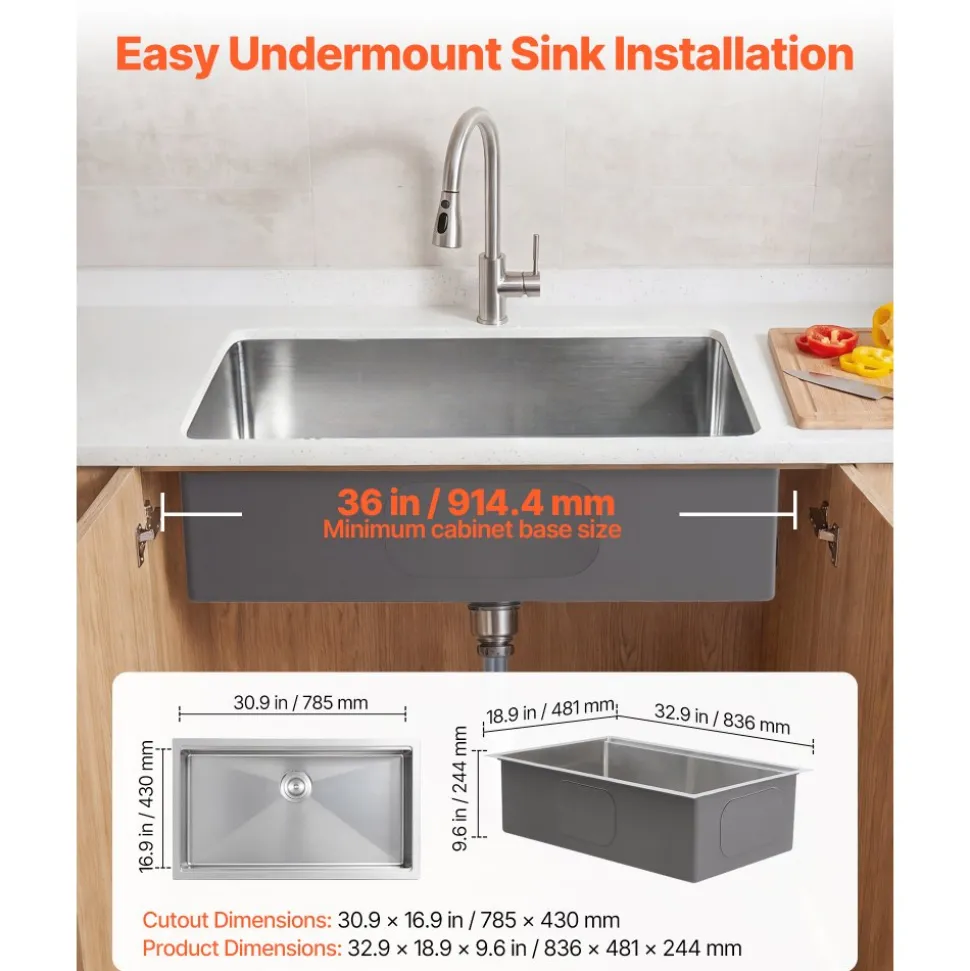 VEVOR 33-inch Kitchen Undermount Single Bowl Sinks, Stainless Steel Drop-In Farmhouse Basin with Ledge & Accessories, Household Dishwasher Sinks for RV, Prep Kitchen, Laundry Room, Bar