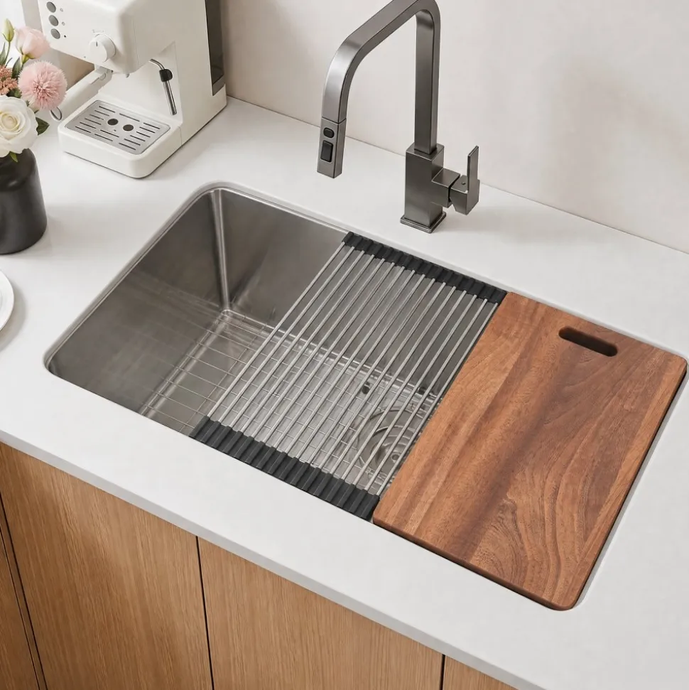VEVOR 33-inch Kitchen Undermount Single Bowl Sinks, Stainless Steel Drop-In Farmhouse Basin with Ledge & Accessories, Household Dishwasher Sinks for RV, Prep Kitchen, Laundry Room, Bar
